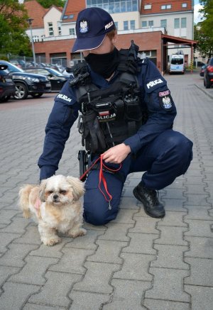 policjant ze znalezionym pieskiem