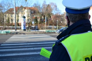 Umundurowany policjant stoi przed przejściem dla pieszych przez ulicę i obserwuje osoby stojące po drugiej stronie ulicy. Osoby za policjantem są niewyraźne.