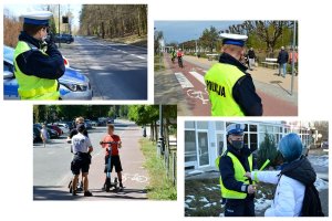 Zdjęcie składa się z czterech mniejszych zdjęć. Na zdjęciu znajdującym się w lewym górnym rogu widoczny umundurowany policjant, który stoi przy ulicy i mierzy prędkość jadącego ulicą pojazdu. Za policjantem widać fragment oznakowanego radiowozu i inny pojazd. Na prawo od jezdni widoczny las. Na zdjęciu w prawym górnym rogu widać fragment alejki nadmorskiej, gdzie umundurowany policjant obserwuje jadących drogą dla rowerów rowerzystów i idących po chodniku pieszych. Na zdjęciu w lewym dolnym rogu widać ulicę i drogę dla rowerów, na której stoi umundurowana policjantka i rozmawia z mężczyzną i chłopcem na hulajnogach. Ulicą idzie kobieta wzdłuż zaparkowanych pojazdów. Na zdjęciu znajdującym się w prawym dolnym rogu umundurowany policjant ruchu drogowego zakłada na rękę kobiety opaskę odblaskową.