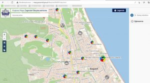 Zrzut ekranu monitora. Fragment Krajowej Mapy Zagrożeń Bezpieczeństwa - rejon Sopotu i naniesione na mapę zgłoszenia.