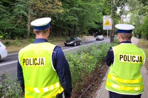 Umundurowani policjanci idą chodnikiem wzdłuż ulicy