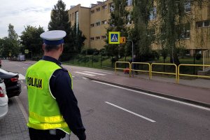 Umundurowany policjant stoi przy jezdni i obserwuje rejon przejścia dla pieszych