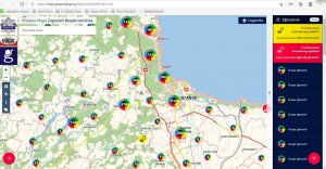 Zrzut ekranu komputera, gdzie widoczna jest Aplikacja Krajowej Mapy Zagrożeń Bezpieczeństwa, a na niej mapa z ilością sygnałów naniesionych w rejonie Sopotu, Gdańska i Gdyni oraz okolicznych powiatów. Po prawej stronie widoczne informacje o rodzajach zgłoszeń i ilości zgłoszeń w grupach.