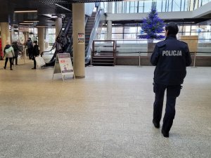 Umundurowana policjanta idzie przez hol budynku w stronę osób znajdujących się przy schodach ruchomych.