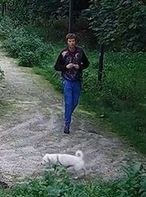 Teren zielony. Młody mężczyzna idzie drogą, przed nim biegnie pies.