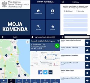 Zdjęcie jest połączeniem sześciu zrzutów z aplikacji Moja Komenda, które ułożone są w dwóch rzędach, po trzy w każdym rzędzie. W górnym rzędzie od lewej zrzut głównej strony aplikacji, a na nim na białym tle orzeł i napis: MINISTERSTWO SPRAW WEWNĘTRZNYCH I ADMINISTRACJI, a poniżej na granatowym tle napis: MOJA KOMENDA. Obok zrzut, na którym widać dostępne zadania w aplikacji, na które można kliknąć, a na nich napisy&quot; LISTA JEDNOSTEK, MAPA, WYSZUKAJ, ULUBIONE. Z prawej strony zrzut który otwiera się po kliknięciu w „Wyszukaj”. Na górze widoczne są napisy: WYSZUKAJ oraz WYSZUKAJ DZIELNICOWEGO LUB JEDNOSTKĘ POLICJI WŁAŚCIWE DLA TWOJEGO MIEJSCA ZAMIESZKANIA, a poniżej opcje, które możemy zaznaczyć, kogo szukamy, tj. DZIELNICOWY i JEDNOSTKA oraz w czterech jasnoniebieskich prostokątach informacje o treści: WOJEWÓDZTWO, MIEJSCOWOŚĆ, ULICA i NR DOMU, gdzie korzystający z aplikacji wpisuje odpowiednie dane. 
W dolnym rzędzie od lewej strony zrzut fragmentu mapy Polski, gdzie zaznaczone są takie miejscowości jak Sopot czy Gdynia oraz punktowo zaznaczone są komendy i komisariaty Policji. Na kolejnym zrzucie widać fragment mapy Polski w jeszcze większym powiększeniu, a na nim okolica Komendy Miejskiej Policji w Sopocie. Na górze zrzuty znajdują się napisy o treści: INFORMACJE O JEDNOSTCE, KOMENDA MIEJSKA POLICJI W SOPOCIE i poniżej adres komendy: 
UL. ARMII KRAJOWEJ 112a
83-824 SOPOT, POMORSKIE
TEL. 47 74 262 22.
Na dole zrzuty znajdują się trzy zakładki w kształcie granatowych prostokątów z logo w każdym z nim i napisami: NAWIGUJ, STREET VIEW oraz DZIELNICOWY.
Po prawej stronie znajduje się zrzut listy sześciu dzielnicowych z Sopotu i po prawej stronie każdego z nich biała strzałka na granatowym tle, której kliknięcie powoduje przekierowanie do danego dzielnicowego.