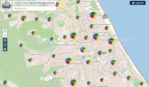 Na zdjęciu mapa Sopotu z zaznaczonymi ulicami i budynkami. Na mapie znajdują się tez kolorowe kółka, a w środku nich liczba informująca o ilości naniesionych sygnałów na mapę.