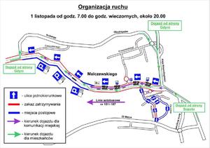 Na zdjęciu mapa ulic: Malczewskiego, Kolberga, Obodrzyców, Kraszewskiego, Cieszyńskiego, Aleja Niepodległości, 23 Marca, Księżycowa, Chodowieckiego, Okrężna i Armii Krajowej , które znajdują się w rejonie sopockich cmentarzy z zaznaczoną na mapie organizachą ruchu drogowego poprzez naniesienie zielony i fioletowych strzałek, niebieskich i czerwonych linii oraz znaków drogowych oznaczających ulice jednokierunkowe. Na mapie znajdują się też trzy zielone prostokąty z napisami:
DOJAZD OD STRONY GDYNI,
DOJAZD OD STRONY GDYNI,
DOJAZD OD STRONY SOPOTU. 

Ponadto na mapie poniżej ulicy Malczewskiego umieszczono fioletową strzałkę z napisem &quot;LINIE AUTOBUSOWE NR 181 I 187&quot;.

Na górze nad mapą znajduje się napis:
ORGANIZACJA RUCHU 
1 LISTOPADA OD GODZ. 7.00 DO GODZ. WIECZONYCH, OKOŁO 20.00.

W lewym dolnym rogu zdjęcia znajduje się oznaczenie mapy poprzez napisanie, co oznaczą konktretne znaki drogowe, linie i strzałki, i tak:
- znak drogowy w postaci białej strzałki na niebieskiem tle i obok napis &quot;ULICE JEDNOKIERUNKOWE&quot;,
- czerwona linia i obok napis &quot;ZAKAZ ZATRZYMYWANIA SIĘ&quot;
- niebieska linia i obok napis &quot;MIEJSCA POSTOJOWE&quot;
- fioletowa strzałka i obok napis &quot;KIERUNEK DOJAZDU DLA KOMUNIKACJI MIEJSKIEJ&quot;
- zielona strzałka i obok napis &quot;KIERUNEK DOJAZDU DLA MIESZKAŃCÓW&quot;.