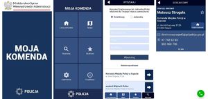Zdjęcie składa się z czterech mniejszych zdjęć ułożonych obok siebie, a każde z nich to zrzut z aplikacji MOJA KOMENDA otworzonej na telefonie. 
Od lewej na pierwszym zdjęciu na górze znajduje się godło i napis: MINISTERSTWO SPRAW WEWNĘTRZNYCH I ADMINISTRACJI. Na środku na niebieskim tle znajduje się biały napis MOJA KOMENDA, a na dole logo i kolejny napis o treści POLICJA.

Drugie zdjęcie to kolejny zrzut z aplikacji. Na górze na niebieskim tle znajduje się napis MOJA KOMENDA. Poniżej znajduje się sześć kwadratów będących menu aplikacji. Na dole zdjęcia znajduje logo i napis o treści POLICJA.

Na trzecim zdjęciu widoczny jest zrzut aplikacji po kliknięciu w menu WYSZUKAJ. Otwarte zostało okno umożliwiające wyszukanie dzielnicowego lub jednostki Policji po adresie. Na dole znajdują się informacje o ostatnio wyszukiwanych tematach w aplikacji MOJA KOMENDA.

Ostatnie czwarte zdjęcie to zrzut aplikacji po kliknięciu w dzielnicowego. W tym przypadku wyświetlone są dane dzielnicowego starszego sierżanta Mateusza Strugała oraz adres kontaktowy, mailowy i telefoniczny do niego. Na dole w prawym rogu znajduje się zielona słuchawka  umożliwiająca szybkie połączenie z dzielnicowym.
