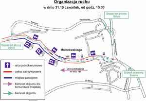 Mapa fragmentu Sopotu z wyznaczoną na niej organizacją ruchu