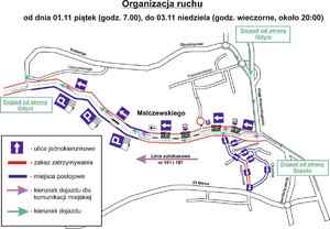 Mapa fragmentu Sopotu z wyznaczoną na niej organizacją ruchu